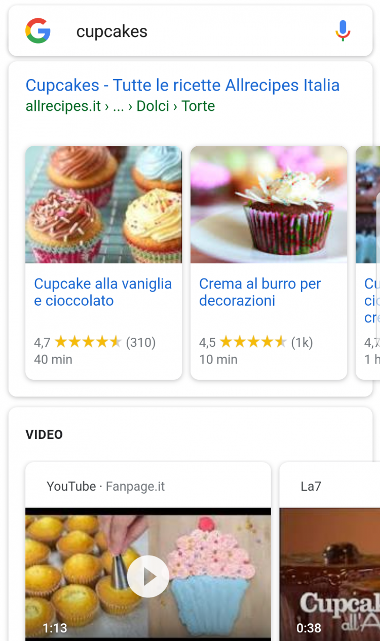 Cupcake, esempio di Rich Cards